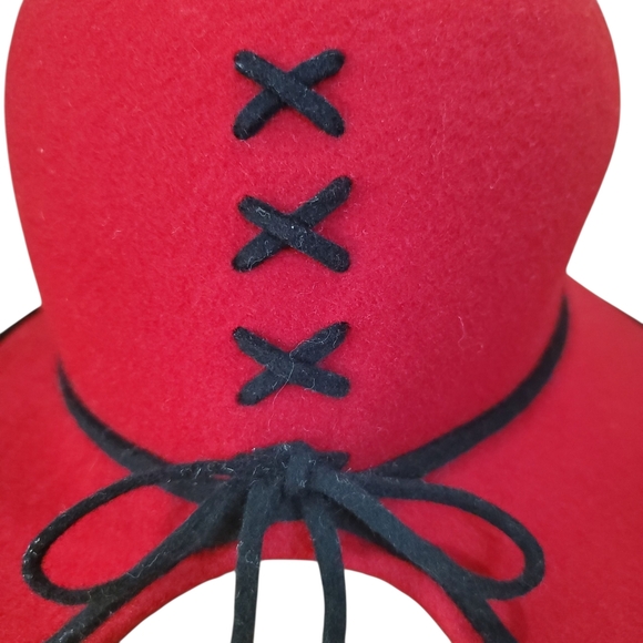 Liz Claiborne Red Wool Cloche Hat with Black Trim. - Picture 9 of 12